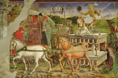 Allegori över maj: Apollons vagn dragen av hästar och körd av Aurora, detalj ur Apollons triumf, 1469-70